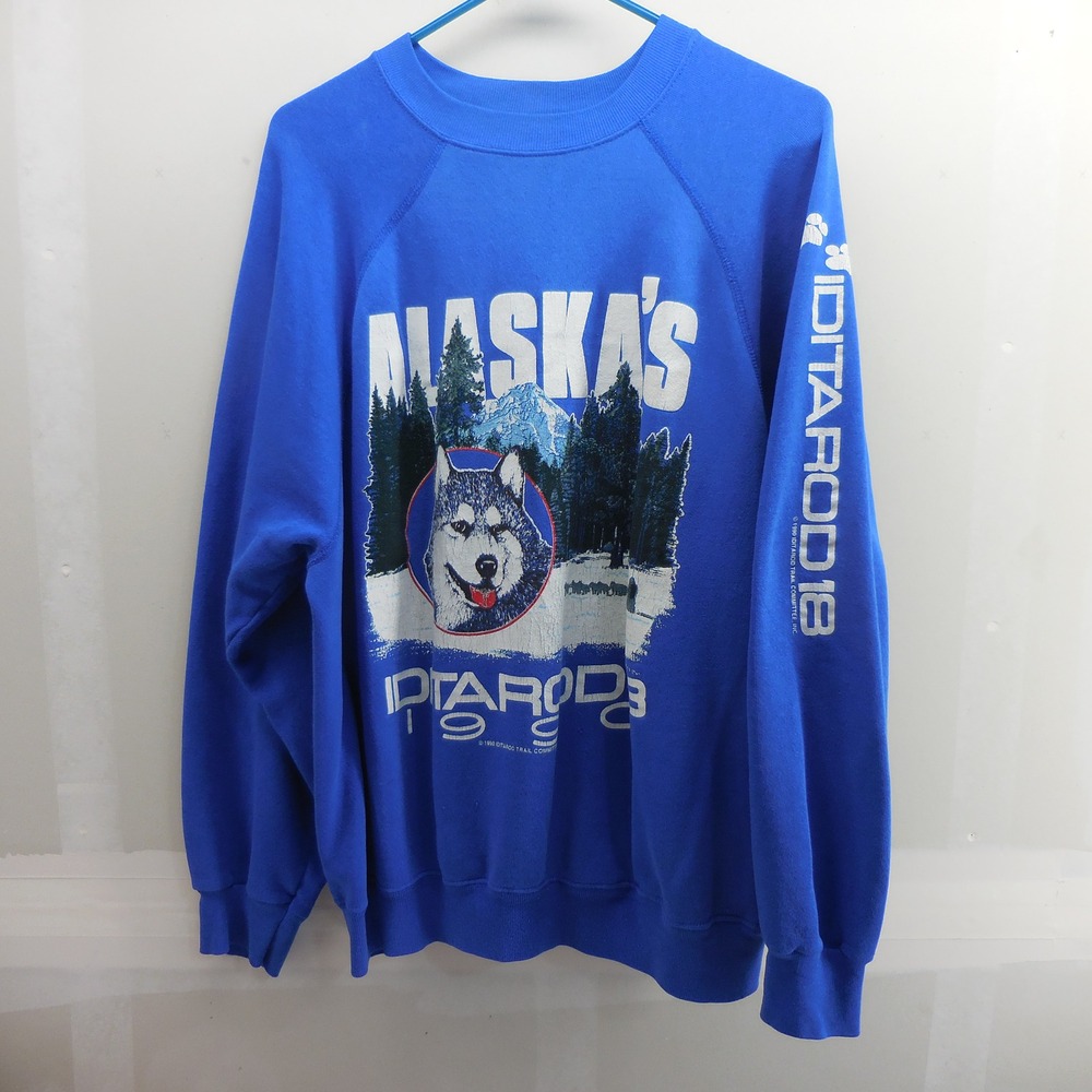 Vintage 1990 Iditarod 18 Alaska Dog Sled Race Sweatshirt Blue XL Husky Graphic